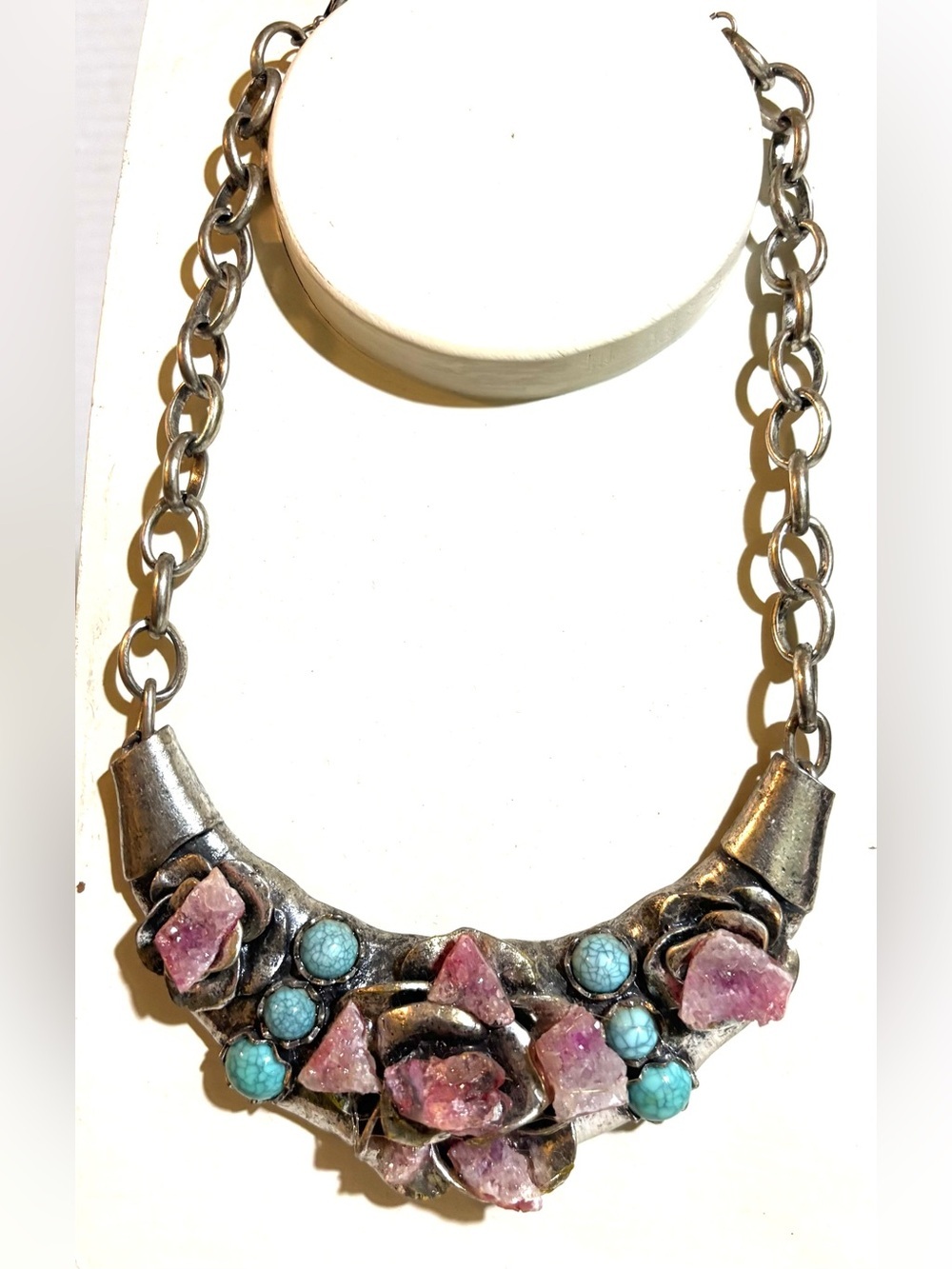Silver-Tone Statement Necklace with Pink Raw Crystals and Turquoise Accents